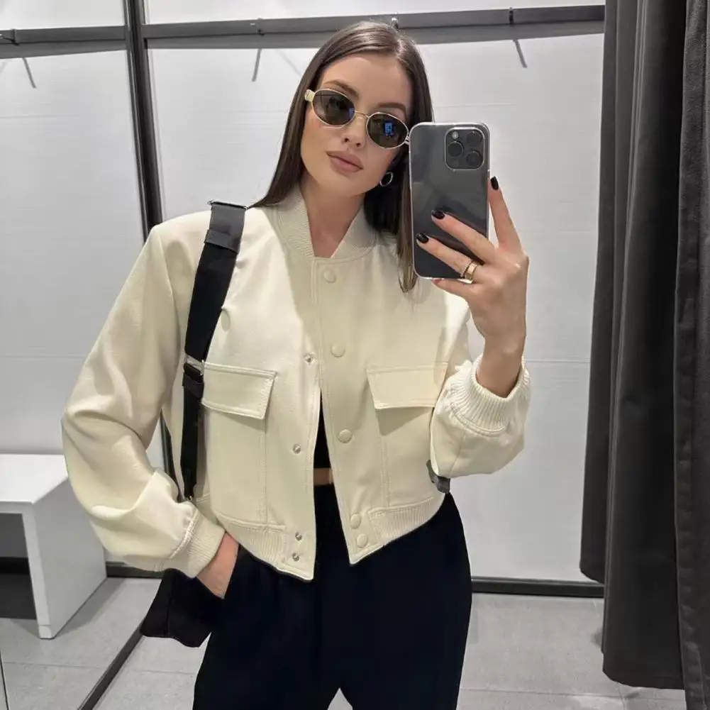 

Women Solid Color Coat Stylish Women's Stand Collar Baseball Jacket with Multiple Pockets Elastic Cuffs for Fall Winter Fashion