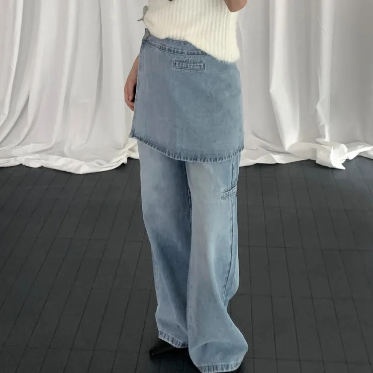 Korean Style High Waist Fake Two-Piece Denim Pants Women's Autumn Long Pants Floor-Length Wide Leg Apron Splicing Design