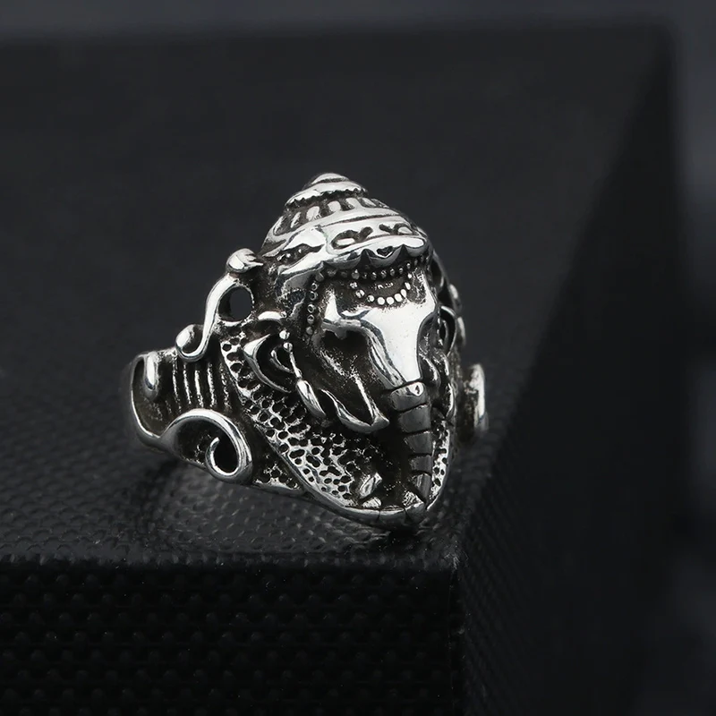 Retro Lucky Elephant Trunk Ring Men's Trendy Creative Wide-Faced Index Finger Jewelry with Hip-Hop Style Rings KOFSAC