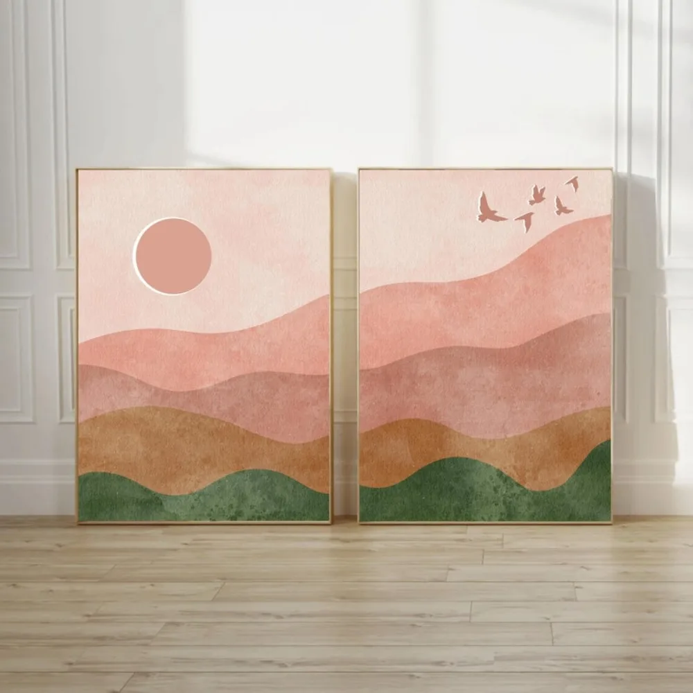 2 peças de Impressão em Tela Sem Moldura com Paisagens de Ondas e Montanhas, Decoração com Guerreiros de Terracota, Cavalos, Sol e Lua