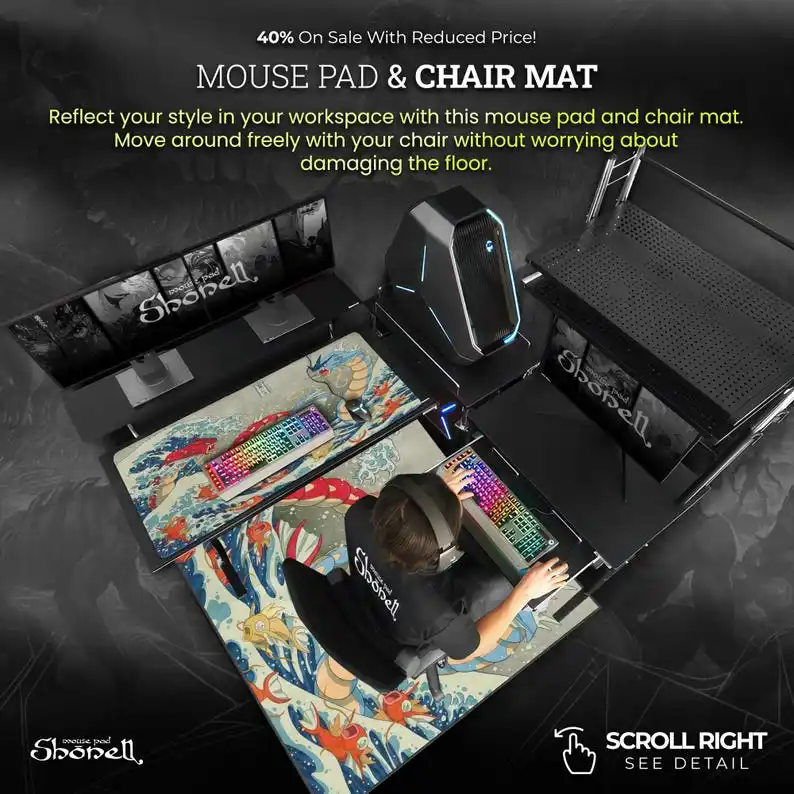 Gyarados Ukiyo-e Mouse Pad – Japanese Wave Style Pokémon Desk Mat with Magikarp Battle Scene, Anime Gift Decor