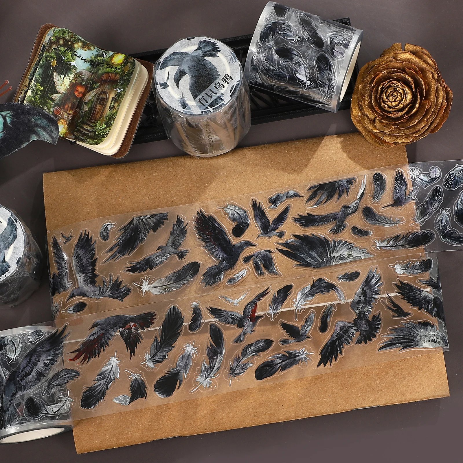 

45mm*5m Vintage Crow Bird Feather Landscape PET Tape Creative DIY Journal Material Collage Scrapbook Stationery