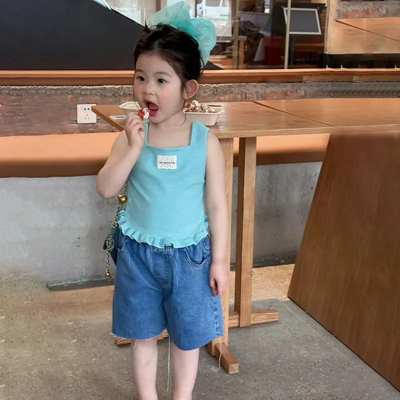 Girls Set 2026 Summer New Childrens Wear Korean Baby Girls Sleeveless Wooden Ear Waistcoat Denim Five-quarter Pants Two-piece