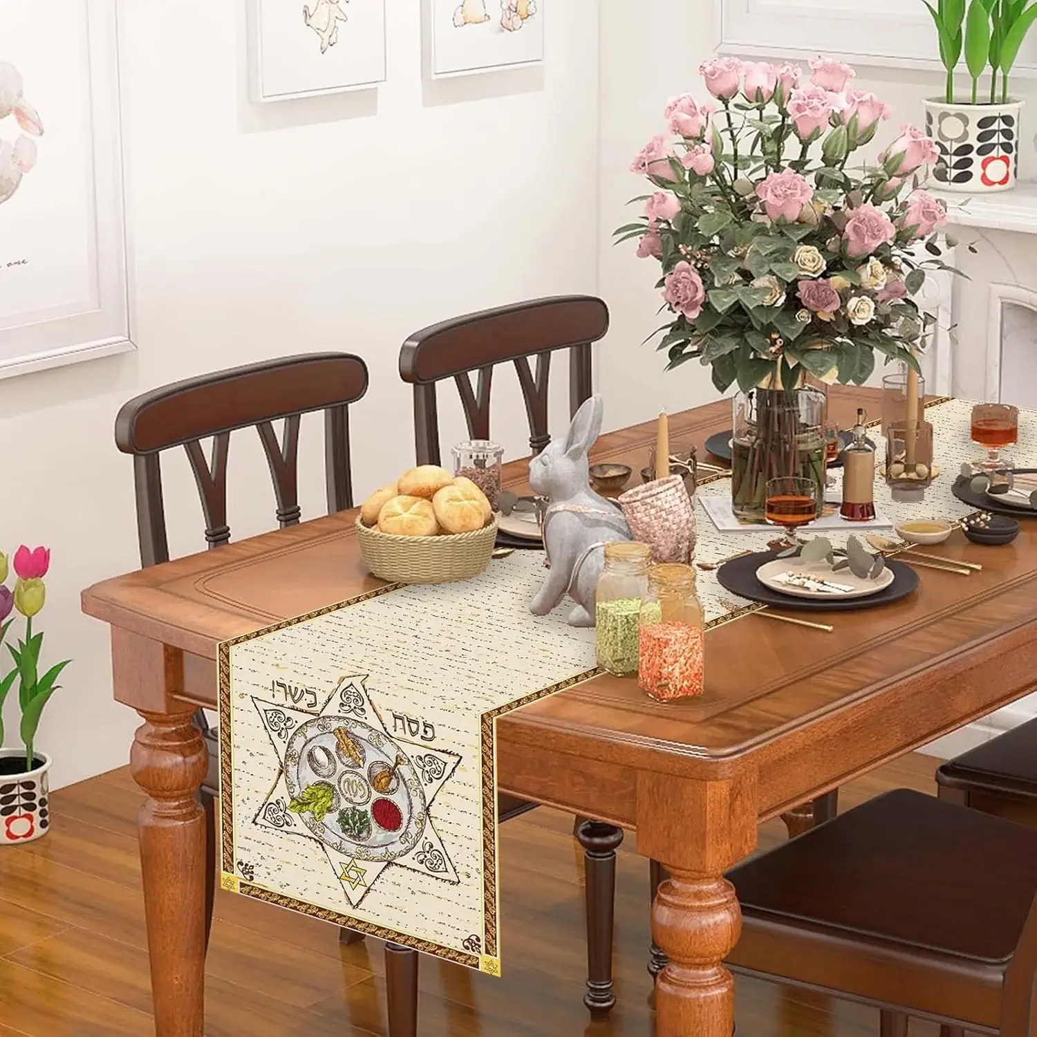 Happy Passover Table Runner Jewish Passover Decorations Pesach Star Matzah Plate Table Runners Kitchen Dining Table Decor