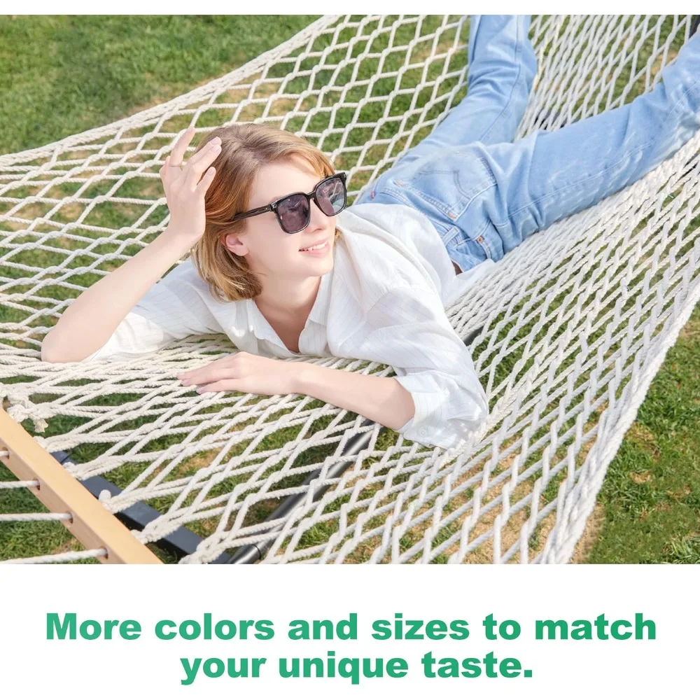 12ft Double Hammocks, Handwoven Traditional Cotton Rope Hammock with Hardwood Spreader Bar, Chains and Hooks for Indoor Outdoor,