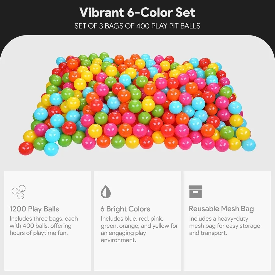 ชุดลูกบอลเล่นในบ่อบอล 1200 ชิ้น พร้อมถุงตาข่าย สีรุ้งหรือสีพาสเทล ผลิตจากพลาสติกกันกระแทก สำหรับบ่อบอลและบ้านเด้ง