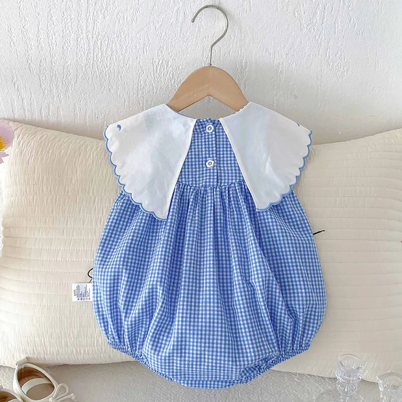 2025 New Summer 0-24M Baby Girls Clothing Newborn Baby Girls Romper Sleeveless Cotton Grid Splicing Toddler Baby Girls Jumpsuit