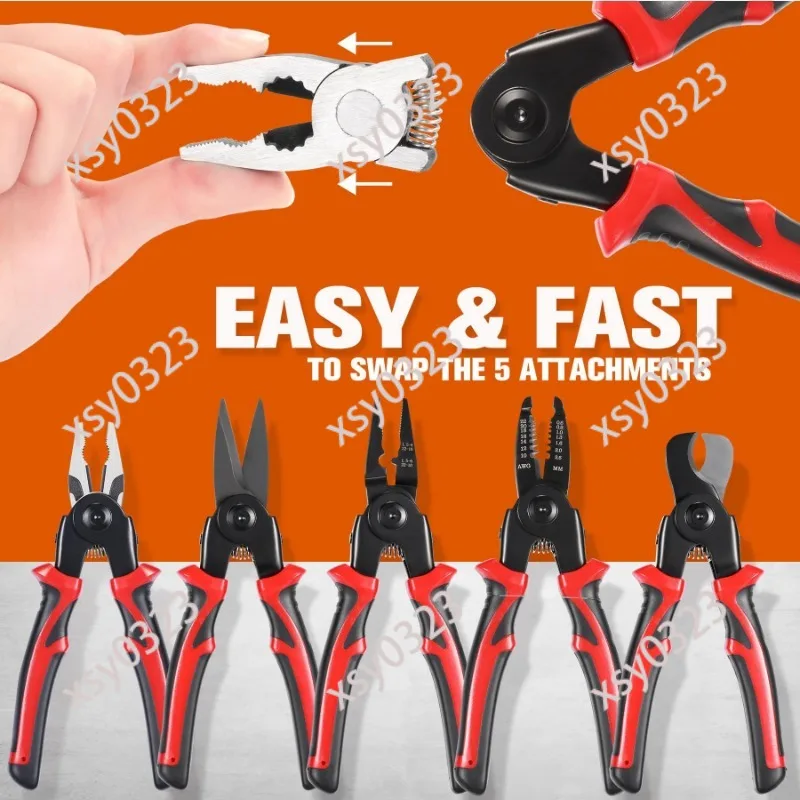 5-in-1 Interchangeable Pliers Set, Multifunctional Hand Tools, Combination of Cutting, Stripping, Crimping and Nose Pliers