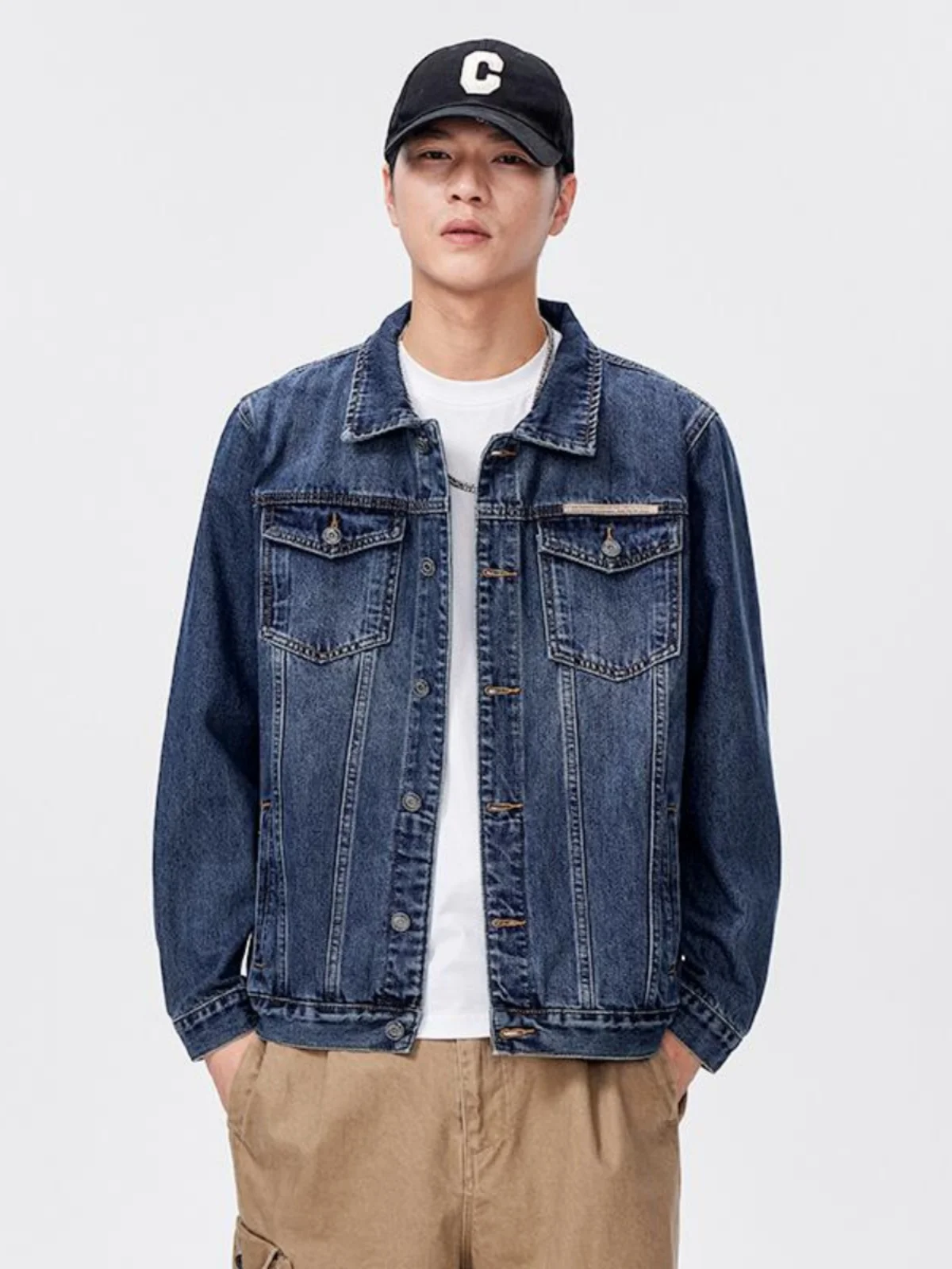 

Hong Kong Style Slim Fit Men's Denim Jacket Trendy Collared Workwear Casual Coat Fashionable Spring Autumn Cotton Polyester B...