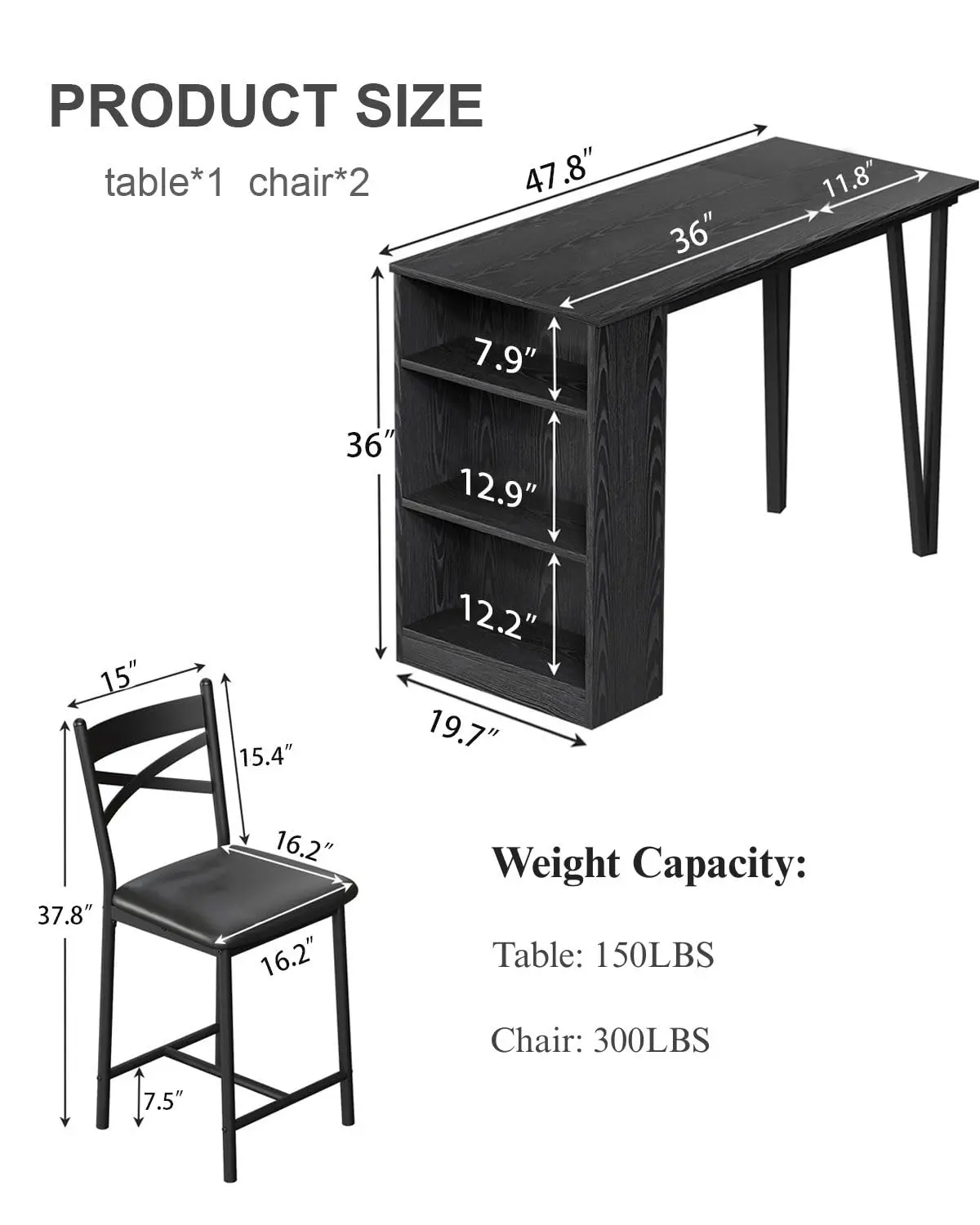 Extendable Bar Table and Chairs Set, 3 Piece Bar Table Set, Black
