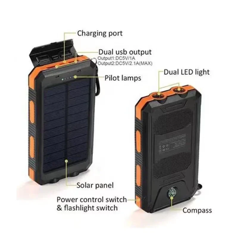 flagship store 200000mAh Large Capacity Solar Power Bank Portable With Lanyard Compass External Battery Outdoor Camping Charging