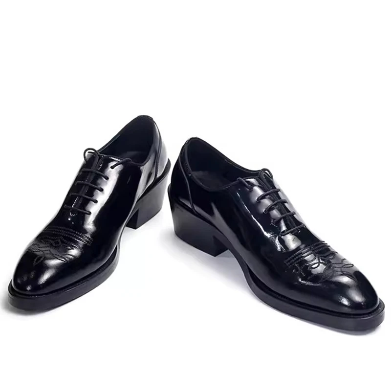 New Fashion Men's Business Shoes Genuine Leather Niche Lace Up High Heel Oxfords Pointed Toe Height Increasing Dress Shoes 