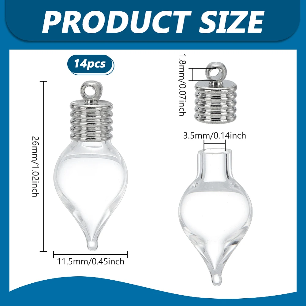 14 Pcs Water Drop Glass Bottle Pendant 0.45Inch Width Platinum Screw Cap Pendant Clear Vial Necklace Hanging Wish Bottles