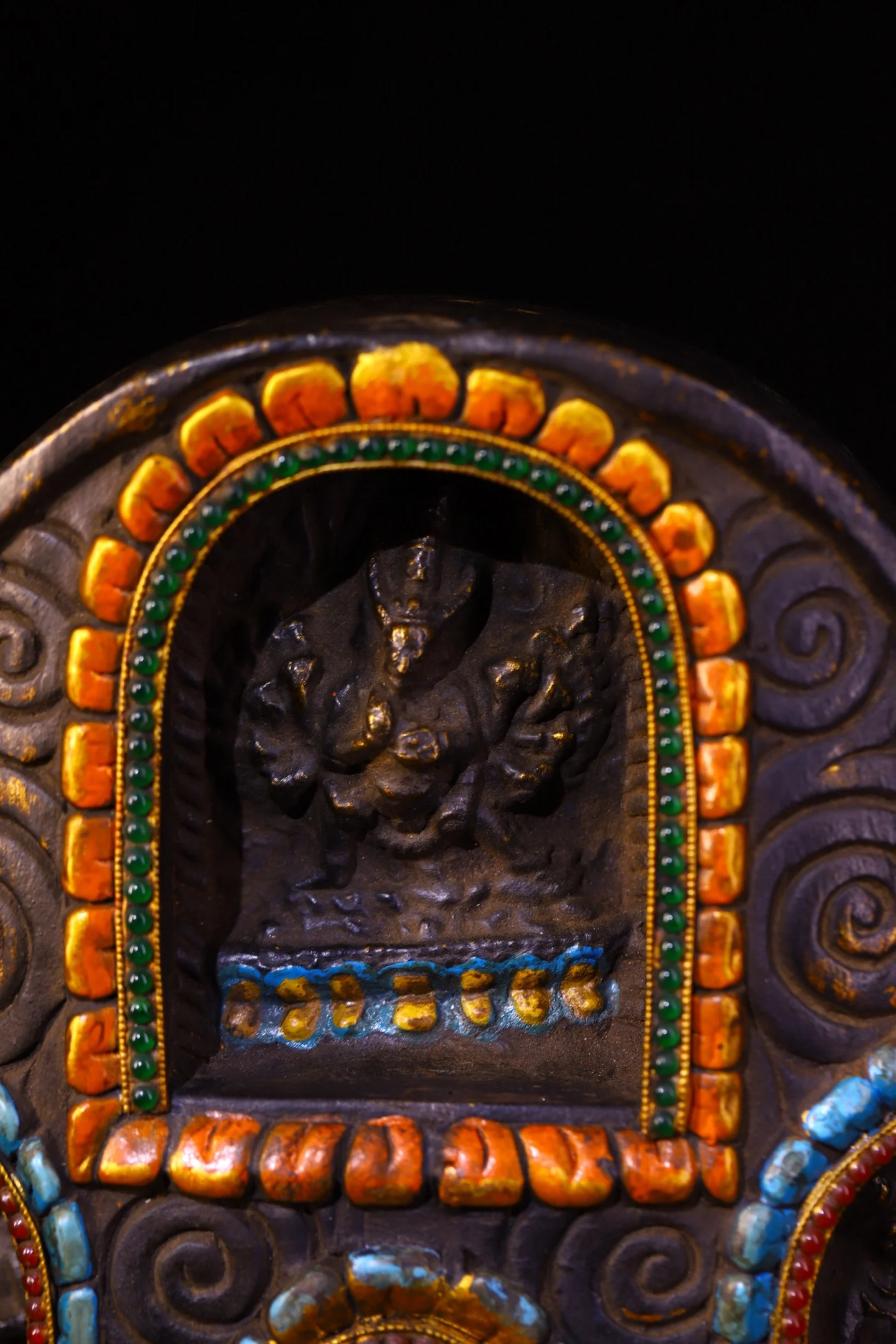 

13"Nepalese folk Old Bodhi Root Painted Mosaic Gem gZi Beads Turquoise Shakyamuni Yamantaka Buddha Buddhist Niche