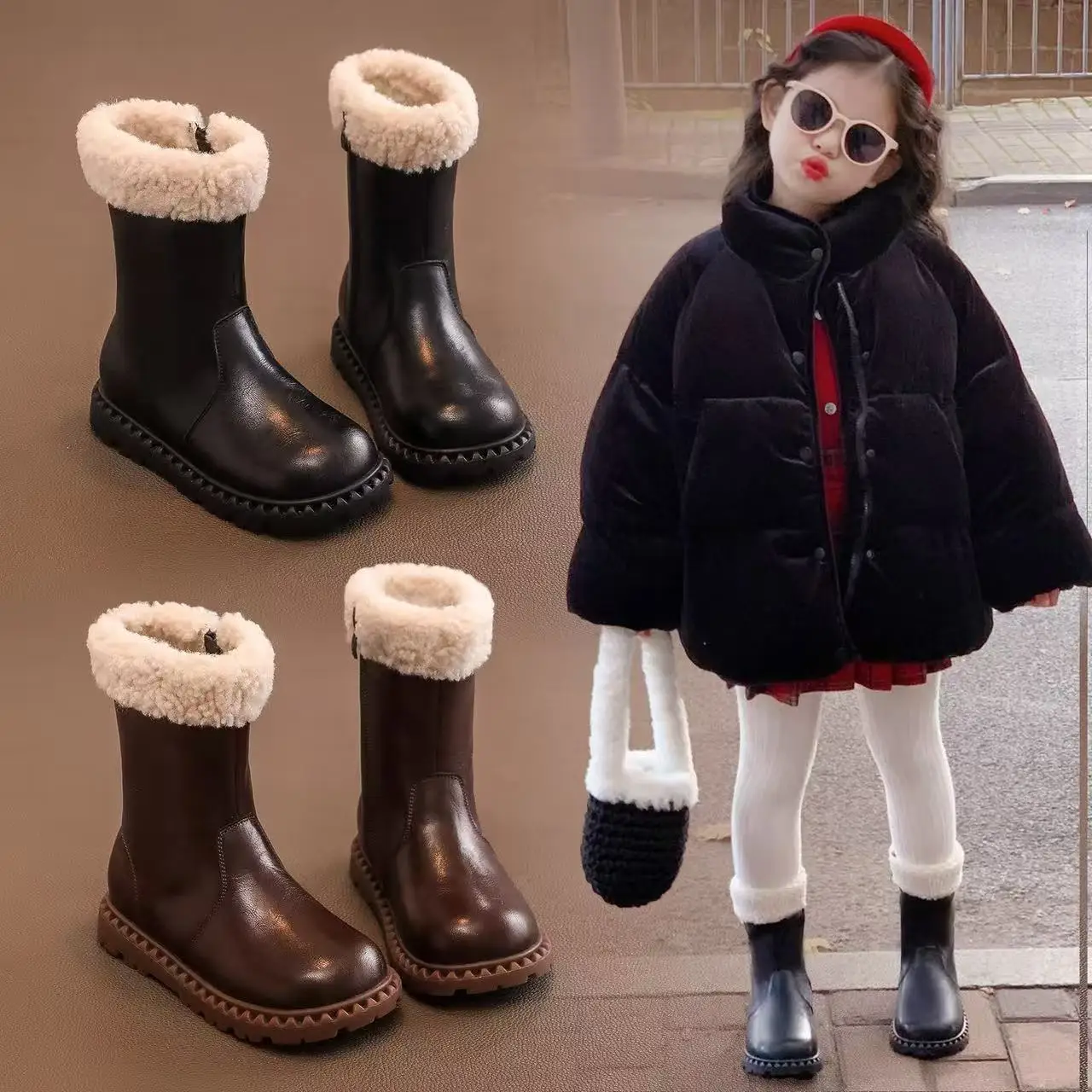 

Girls Fleece Boots 2025 New Winter Kids Breathable Lining Boots Non-slip Side Zip Retro Simple School Snow Shoes for Girls Boots