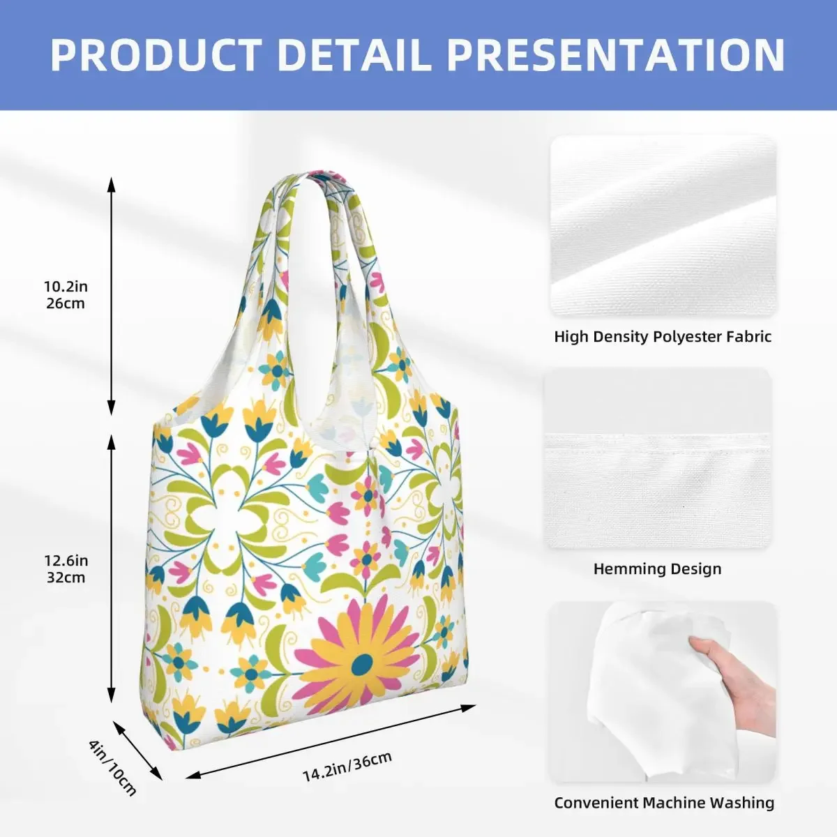 Personalizzato messicano Otomi ricamo fiore Shopping borse di tela muslimspesa Folk Floral Texture Shopper Tote Bags