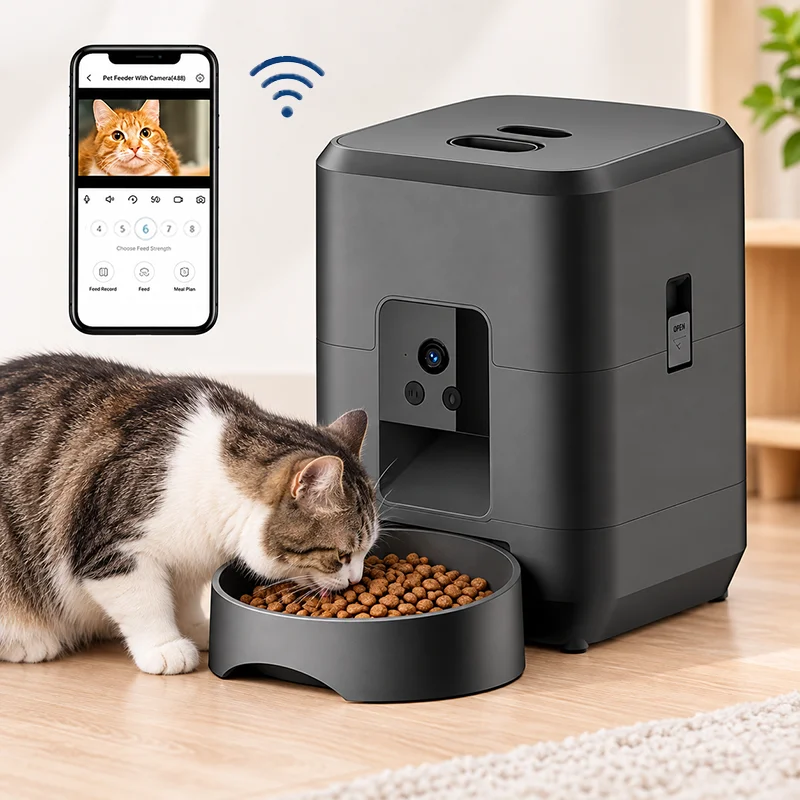 Pet Feeder 2L with Camera & Two-Way Talk for Cats Dogs, WiFi Auto Feeder 8-Cup, Dual Power Anti-Tamper Lid Lock