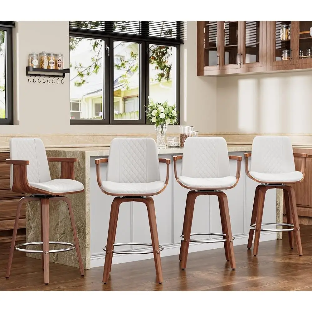 Set of 4 Swivel Bar Stools Mid Century Modern Bentwood Counter Height Chairs PU Leather Ergonomic Design Kitchen Cafe Home