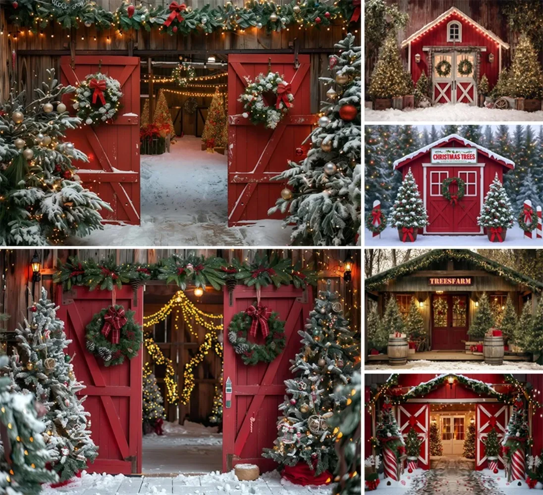Winter Christmas Tree Snow Farm Barn Theme Banner Background, Children's Birthday Party, Home Decoration Photography Background