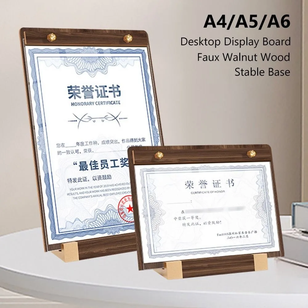 A4/A5/A6 Desktop Display Board Brown Faux Walnut Wood Menu Vertical Holder Transparent Panel Stable Base