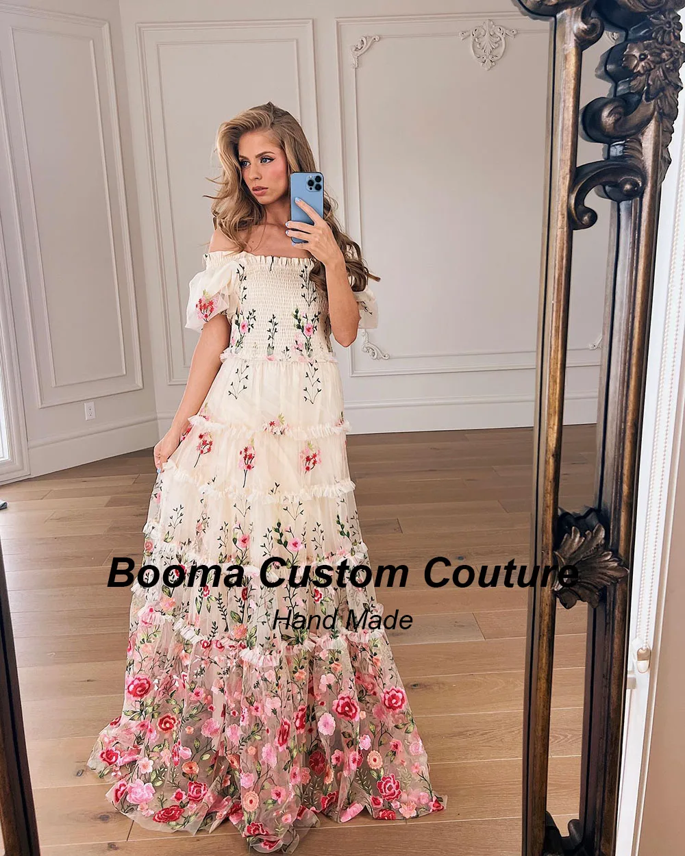 Booma Embroidery Lace A Line Prom Dresses Boat Neck Ruched Tulle Party Prom Gowns Floor Length Floral Evening Dresses for Women