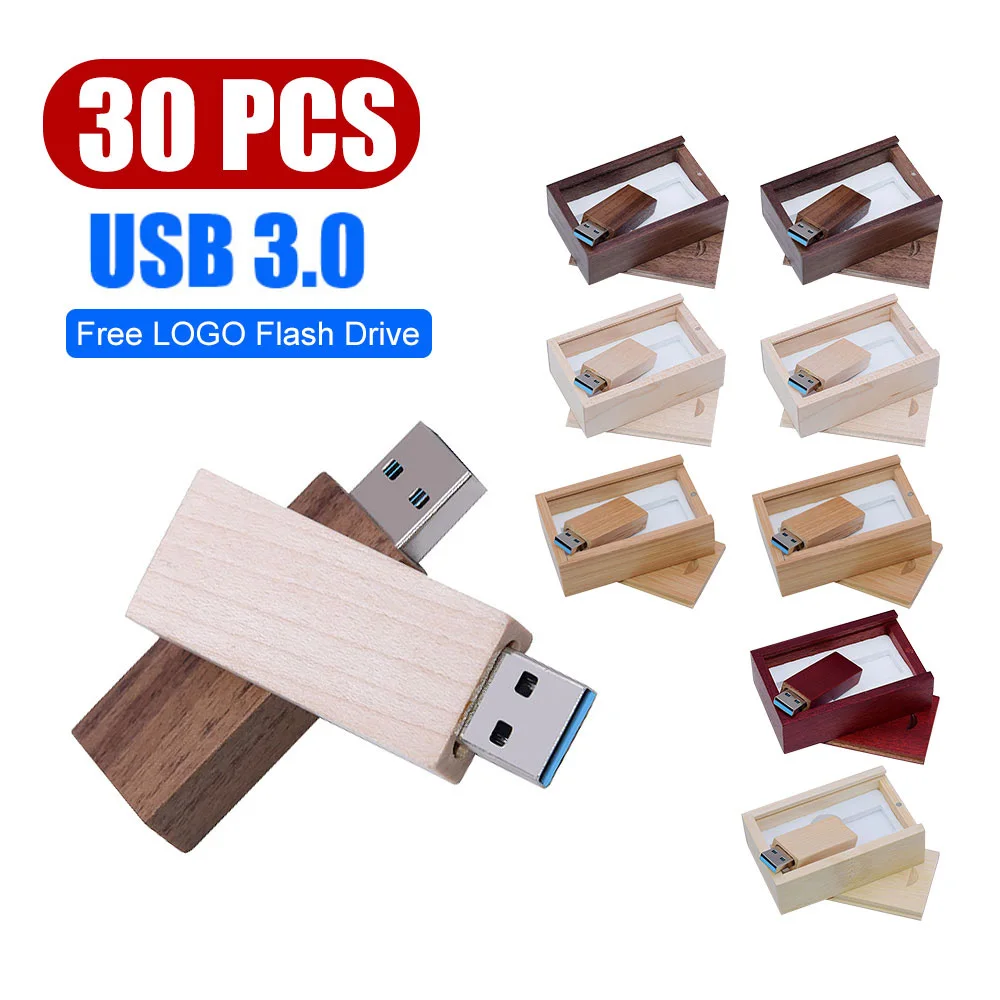 30pcs/lot Wooden+box usb 3.0 flash drive memoria stick 16GB 32GB 64GB 128GB Cle USB photography wedding gift free custom logo