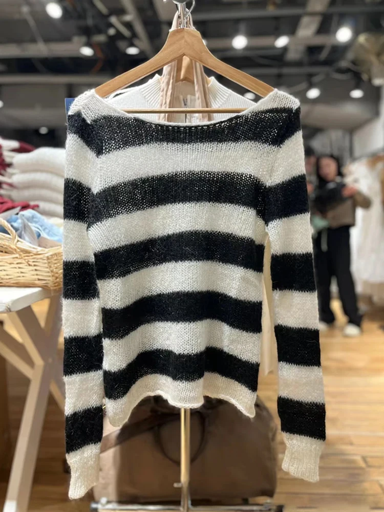 Mohair Knit Stripes maglietta a maniche lunghe donna primavera Sexy Slash Neck Hollow Out Smock top Vintage Streetwear Loose Tees Clothes