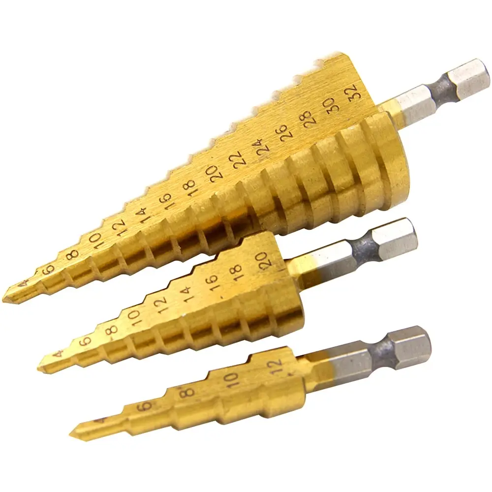 

Step Drill Titanium Plated Hexagonal Shank Straight Groove 3-12/4-12/4-20/4-32mm Pagoda Drill Drilling Tool Accessory Set