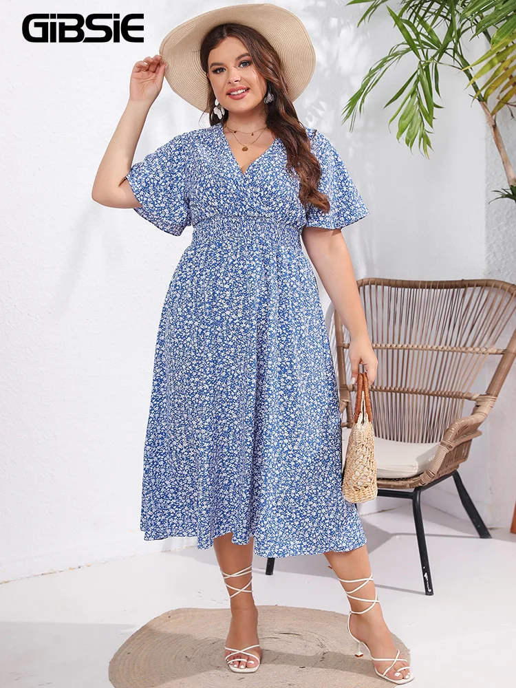 GIBSIE Plus Size Ditsy Floral V-Neck Boho Long Dress Women Summer Short Sleeve High Elastic Waist Holiday A-Line Dresses 2024