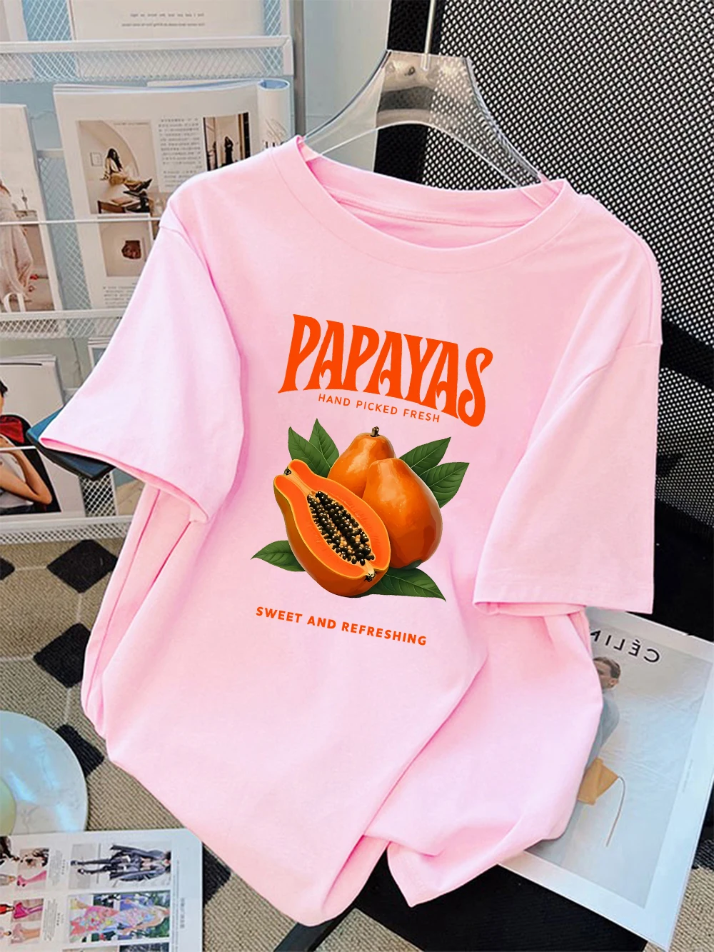 Sommer T-Shirts Baumwolle Damen Papaya Hand ausgewählt frisch bedruckt Kurzarm weiche lose O-Ausschnitt Tops Urlaub lässige Frau Kleidung