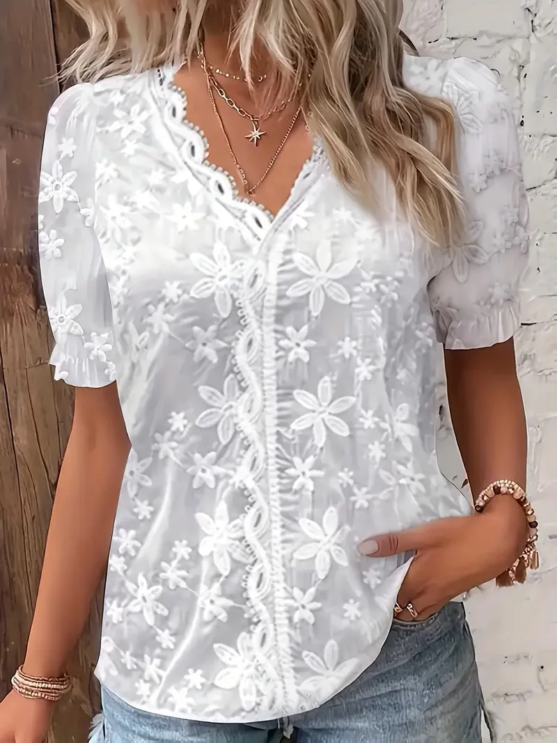 Women Lady Summer V neck Floral Embroidery Shirt