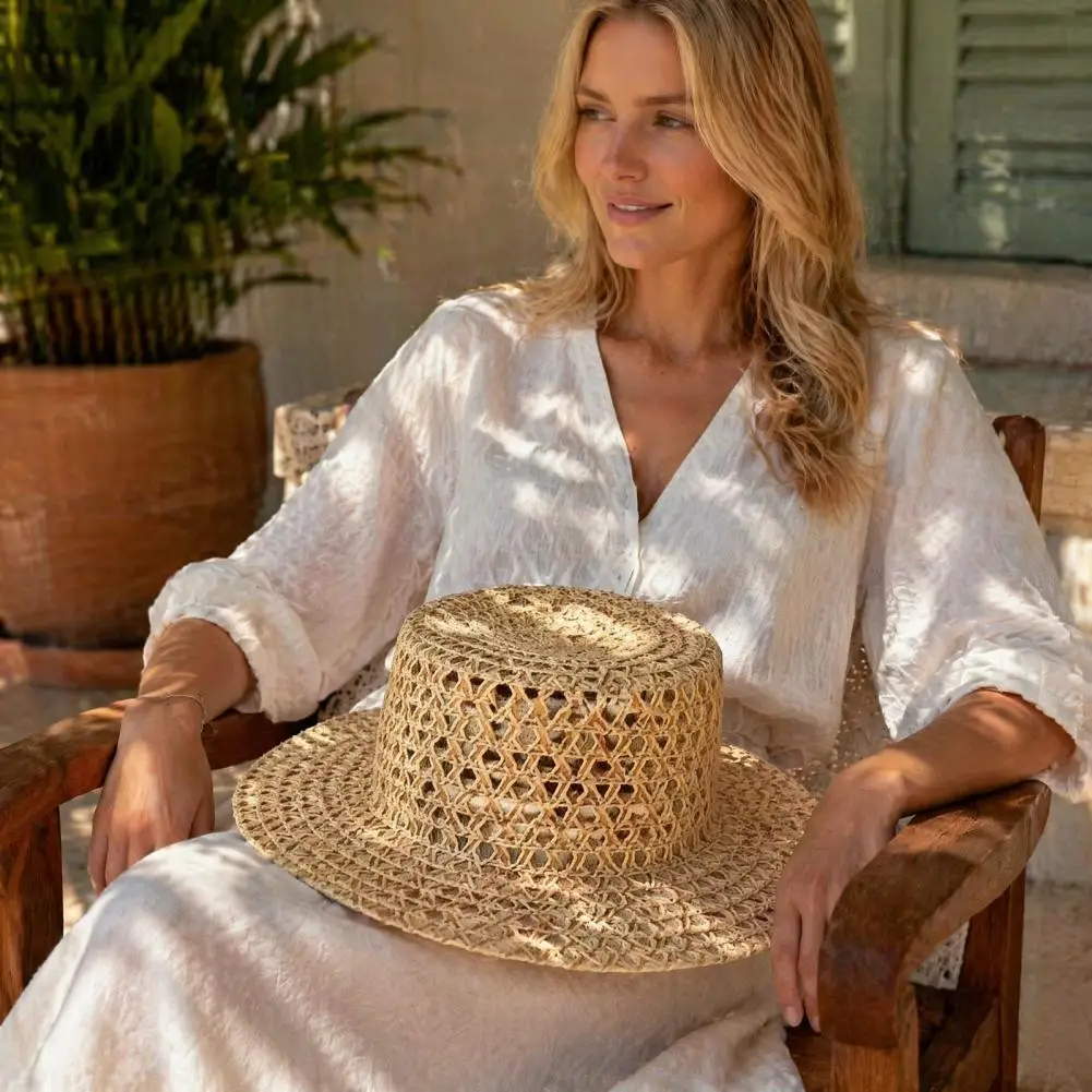 Wide Brim Straw Hat Women Straw Hat with Satin Ribbon Wide Brim Breathable Sun Hat Summer Beach Vacation Flat Top for Women Boho