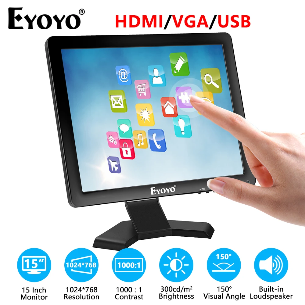 Eyoyo 15 Inch Touchscreen Monitor HDMI/VGA/USB Input Small TV 1024×768 Display Built-in Speaker For POS System Laptop Computer