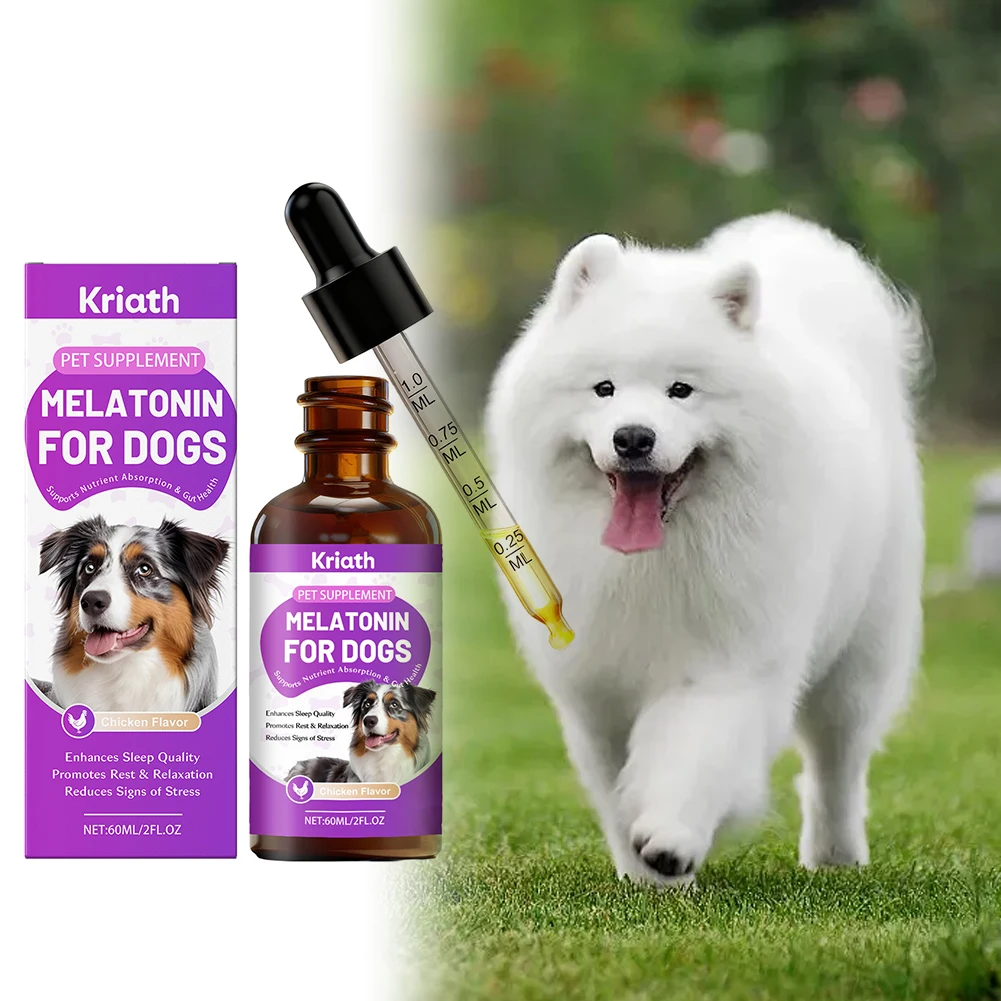 Pet Melatonin Liquid Calming Dog Cat Supplement Enhances Sleep Quality Promotes Rest Relaxation Reduces Signs of Stress