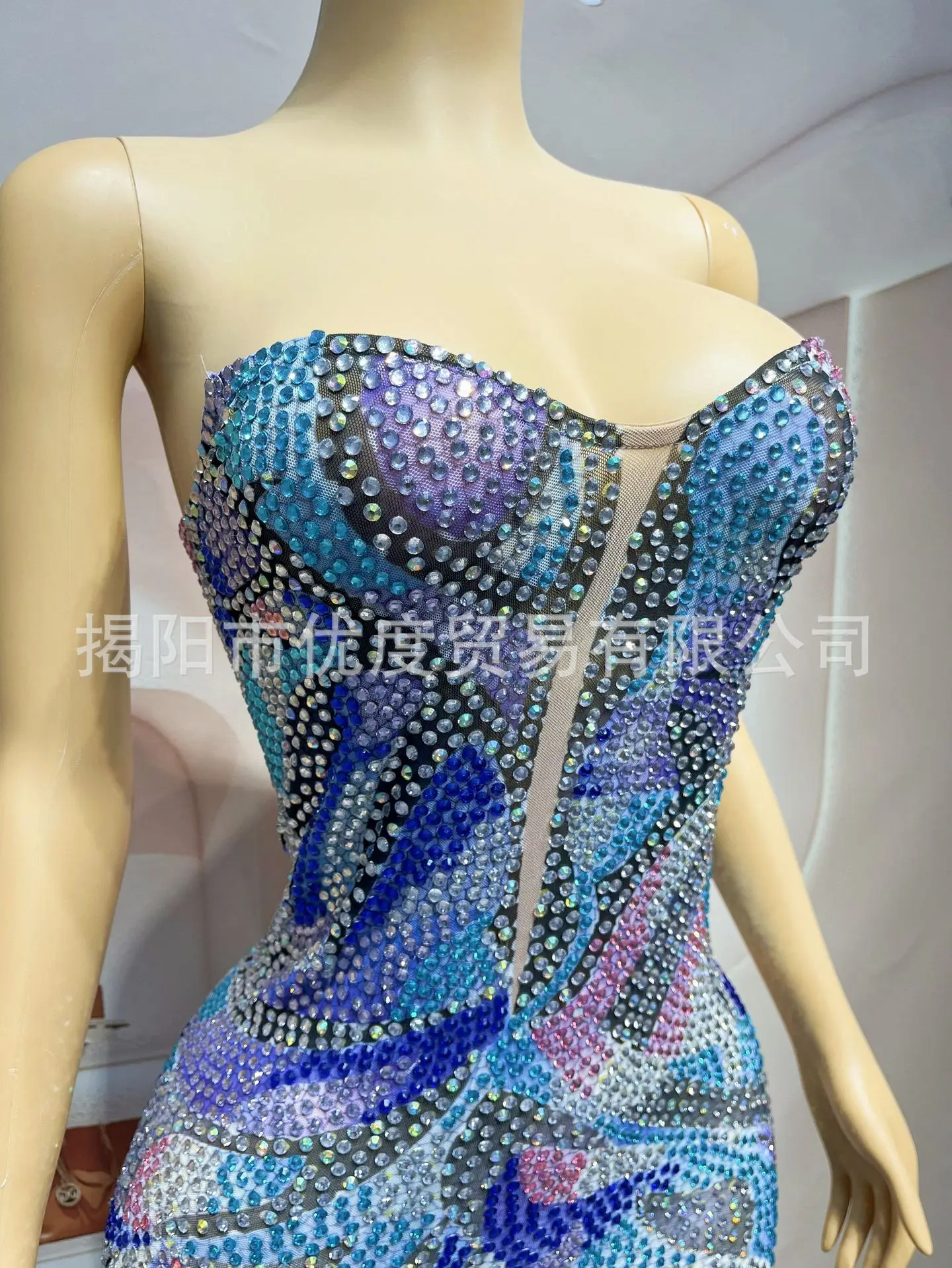 Indústria pesada artesanal strass tubo superior desempenho terno feminino cantor palco desempenho terno brilhante vestido elástico bunting