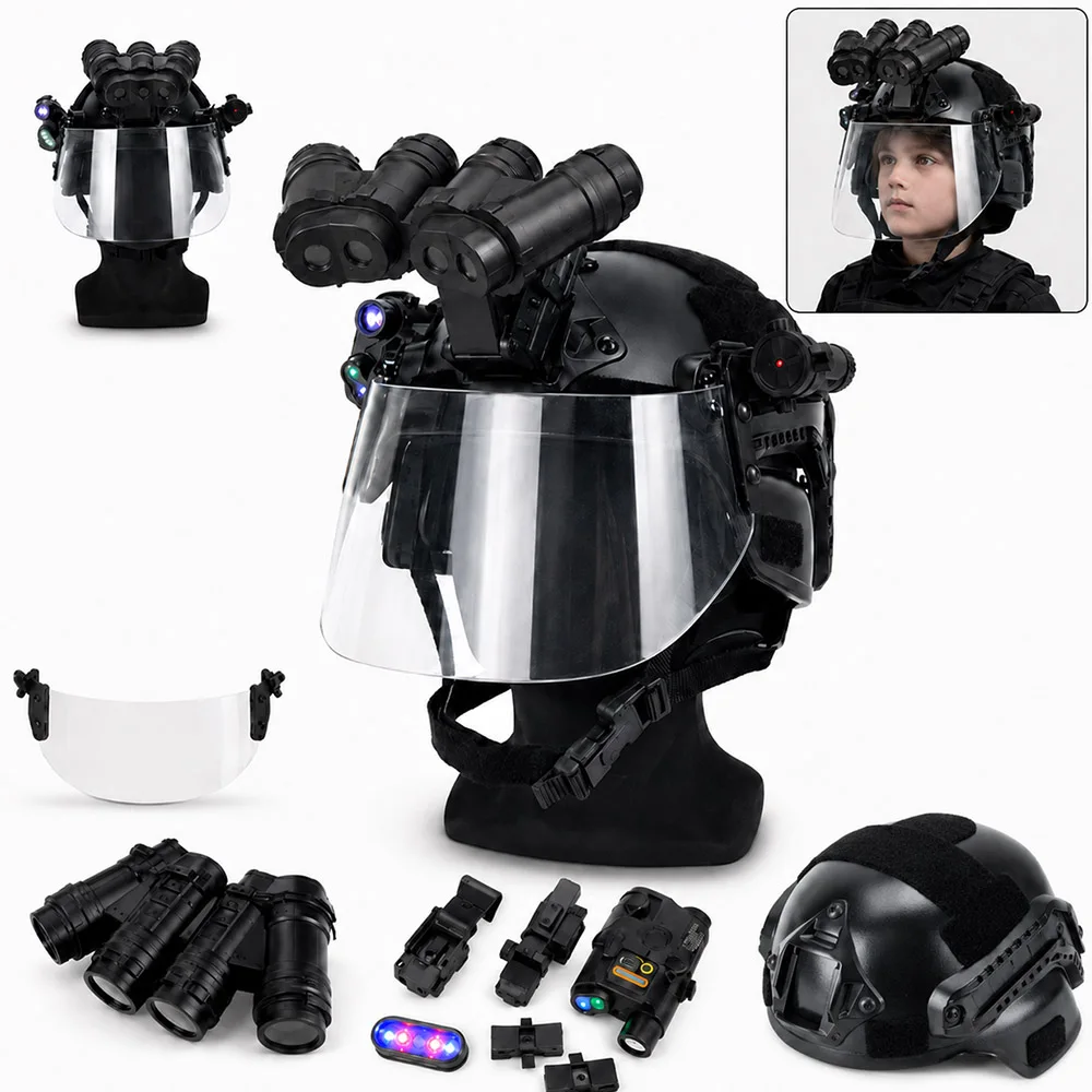 Children's Tactical MICH Helmet Set with Four-Eye NVG Model Signal Light Infrared Flashlight for Cosplay Role Play Holiday Gift