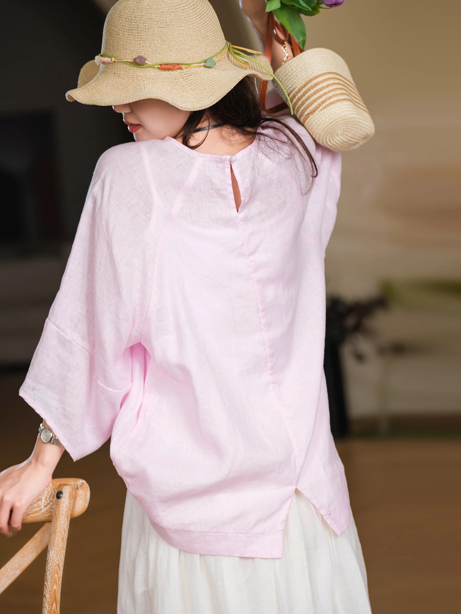 Loose Fit Linen round Neck Top Women's Style Casual Summer Fashion Shoulder Sleeve Insertion Color Woven Seven Quarter Sleeve