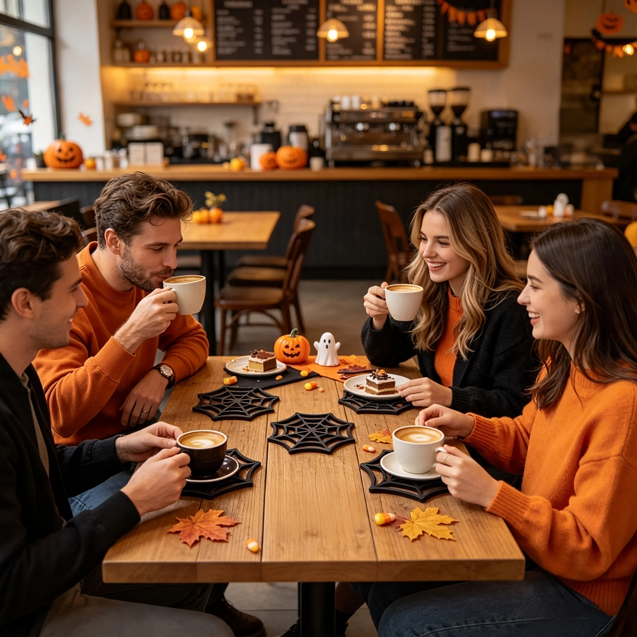 7Pcs Halloween Spider Web Wooden Coaster Set Wooden Cup Mat Heat Insulation Table Protector for Coffee Tea Mugs Party Home Bar