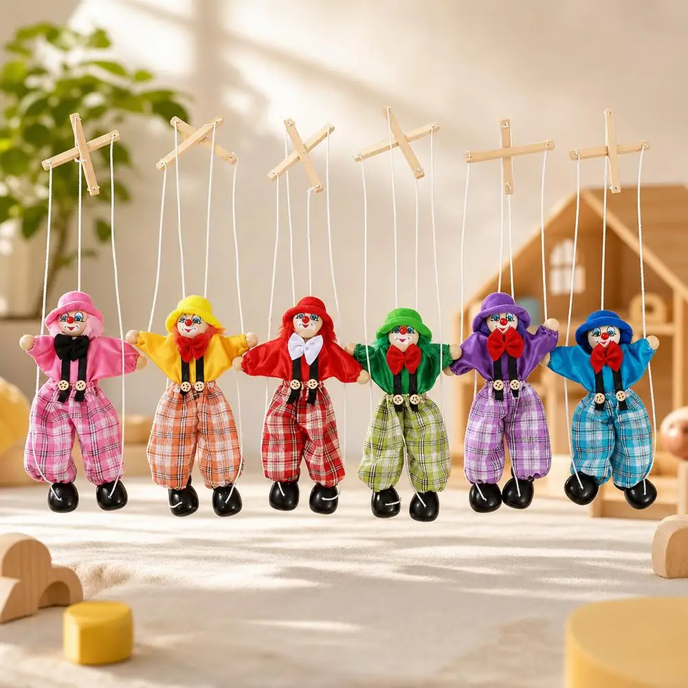 Wooden Clown Marionette String Puppet 24cm Traditional Pull String Marionette Toy Glue Free Cotton Rope Puppet for Kids