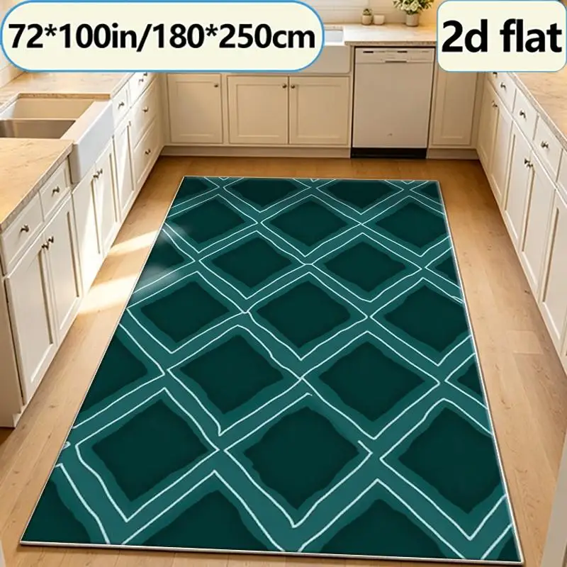 Deep Teal Hand-Painted Diamond-Shaped Checkered Carpet Floor Mat, Simple Bohemian Style, Repeating Seamless Pattern, Non-Slip Indoor Carpet