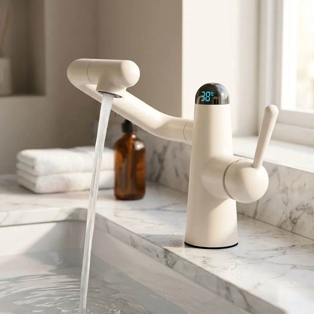 Copper Bathroom Sink Faucet with LED Digital for temp Display Robotic Arm 360 Swivel 15.5x27cm Single Handle Foam Jet Stream