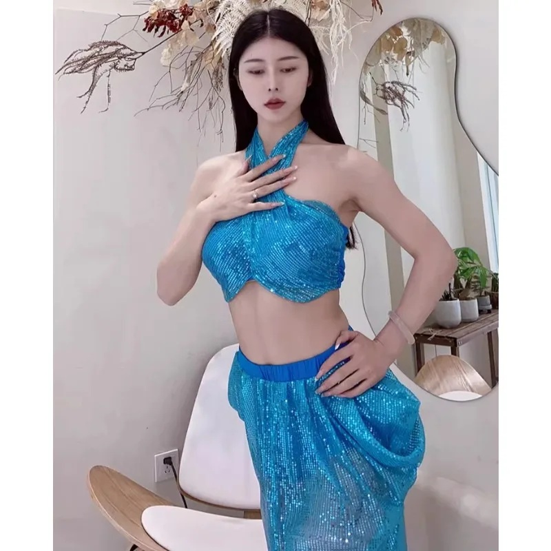 

customized Belly Dance Costumes Practice Clothes New Series Neck Glitter Performance Wear Dress Sexy Female
