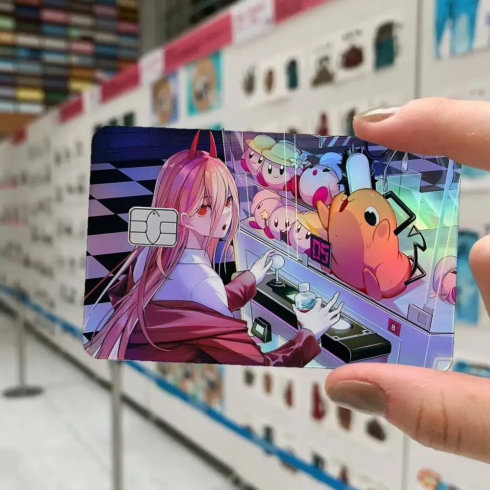 C-Chainsaw Man Japanese 4Pcs Laser Card Stickers Vinyl Skin For Credit Debit Bank Cards Waterproof Resistant Protective
