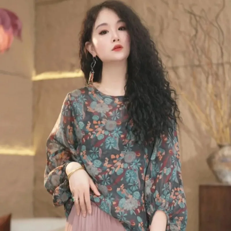 

Women's Vintage Floral Print Puff Sleeve Blouse Loose Fit Round Neck Casual Boho Linen Top