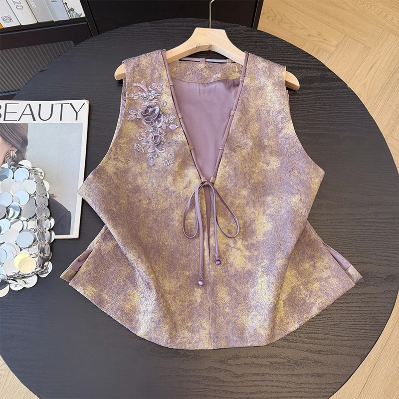 New Chinese Style Silk Embroidered Handmade Beaded Vest Women's Fashionable Shoulder Pad Top Cotton Lyocell Fiber Blend
