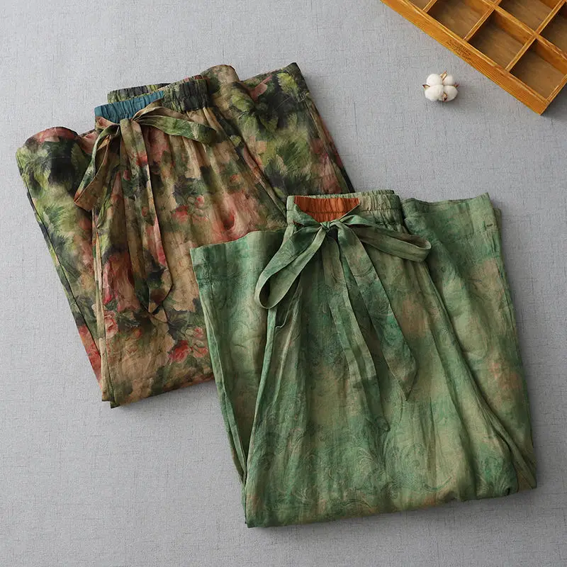 Retro Summer Frenulum Printed Women\'s Tie Dye Elastic Waist Pockets Wide Leg Trousers Fashion Elegant Loose Ankle Length Pants