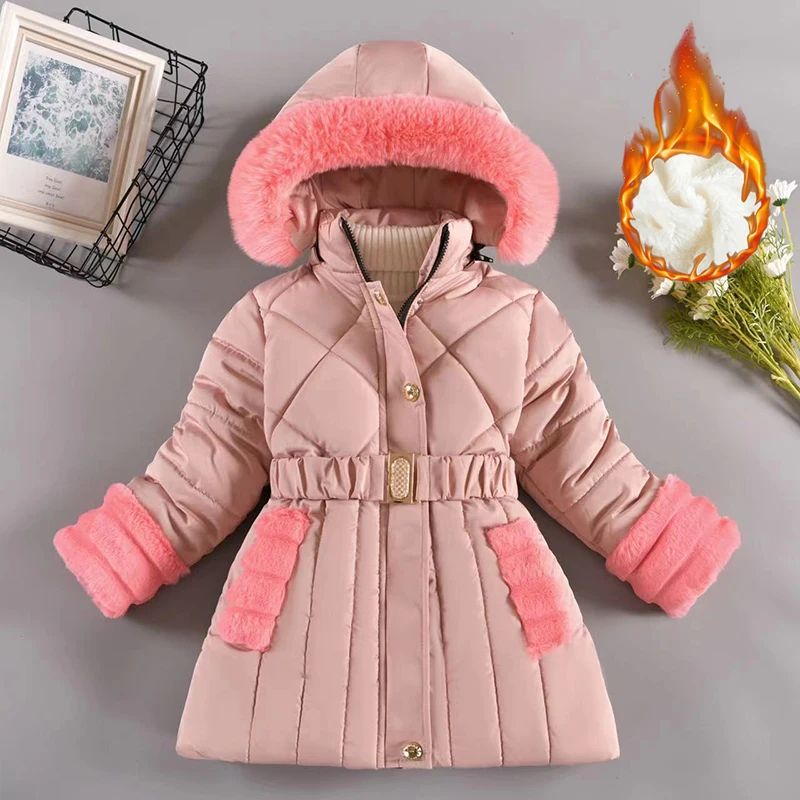 

2024 New Winter Girls Jackets Keep Warm Fur Collar Fashion Little Princess Coat Hooded Zipper Outerwear Teenagers Kids Clothes