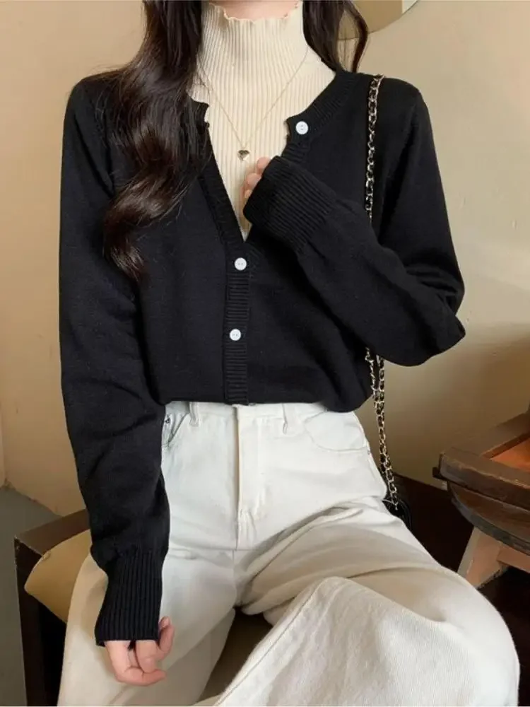 

Elegant Solid Basic Knitted Women Turtlneck Sweater Long Sleeve Casual Pullover Korean Fashion Chic Button Fake Two Pieces Tops