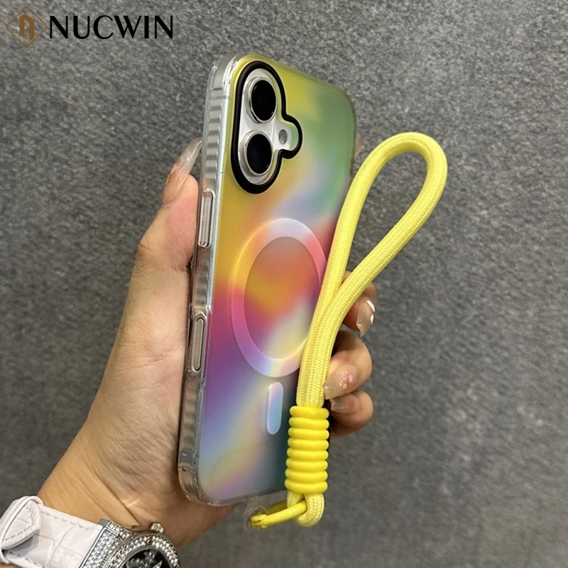 Luxury Laser Colorful Gradient Magsafe Case for iPhone 16 15 14 13 12 Pro Max 16Plus 11 With Wrist Strap Magnetic Silicone Cover