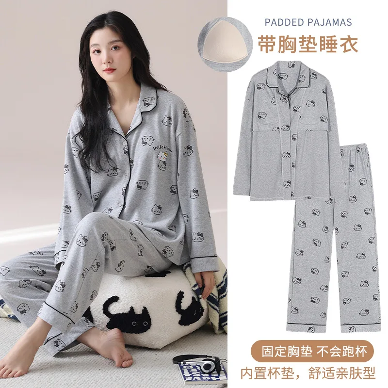 Sanrio cartoon animation Hello Kitty pajamas women\'s pure cotton pajamas with chest pads autumn long sleeves loose wearable suit